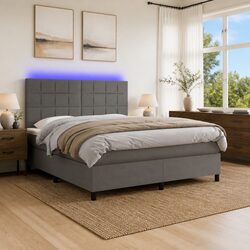 Queen Size Box Spring Bed with Pocket Mattress LED Headboard Grey Fabric