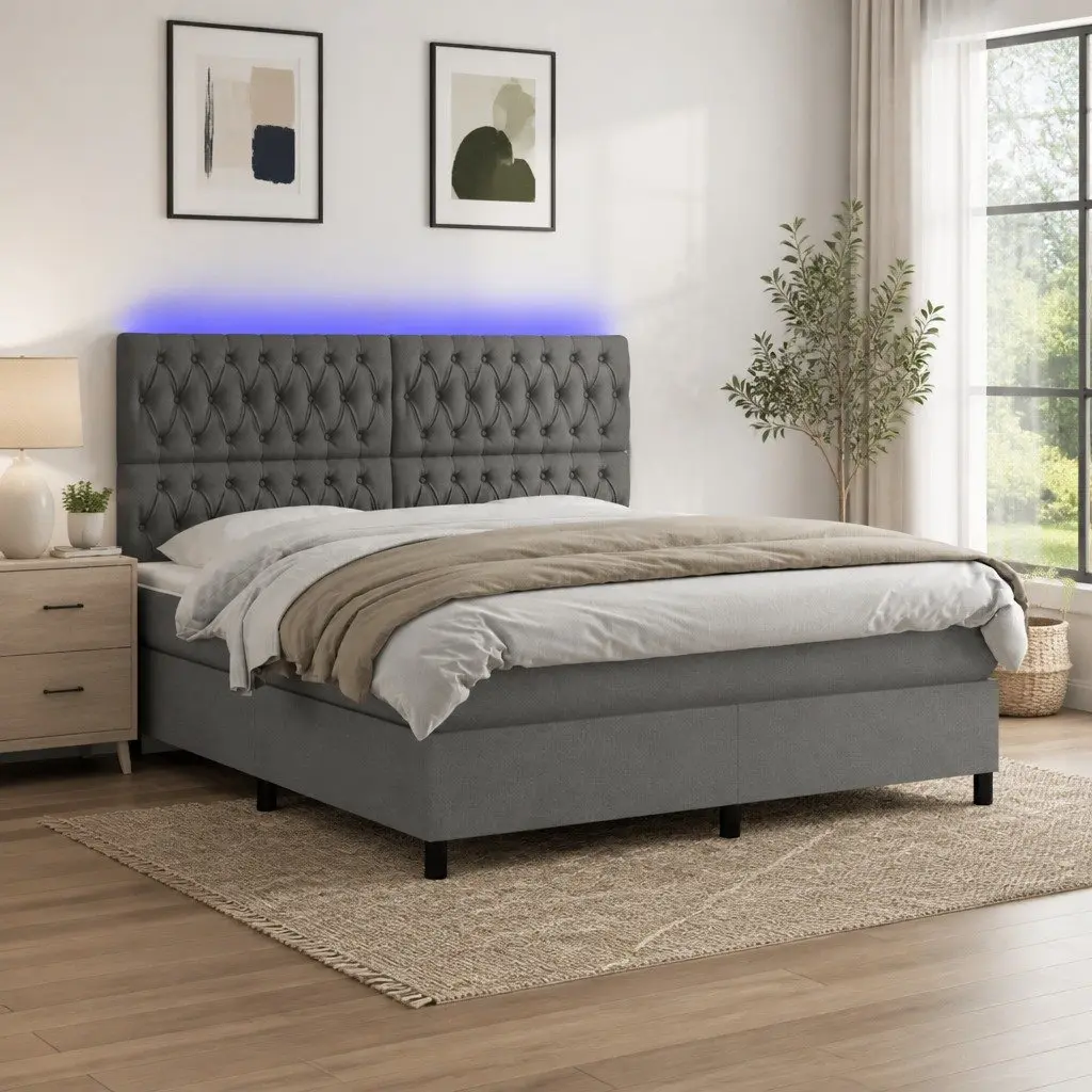 Grey Fabric Queen Box Spring Bed with LED Headboard