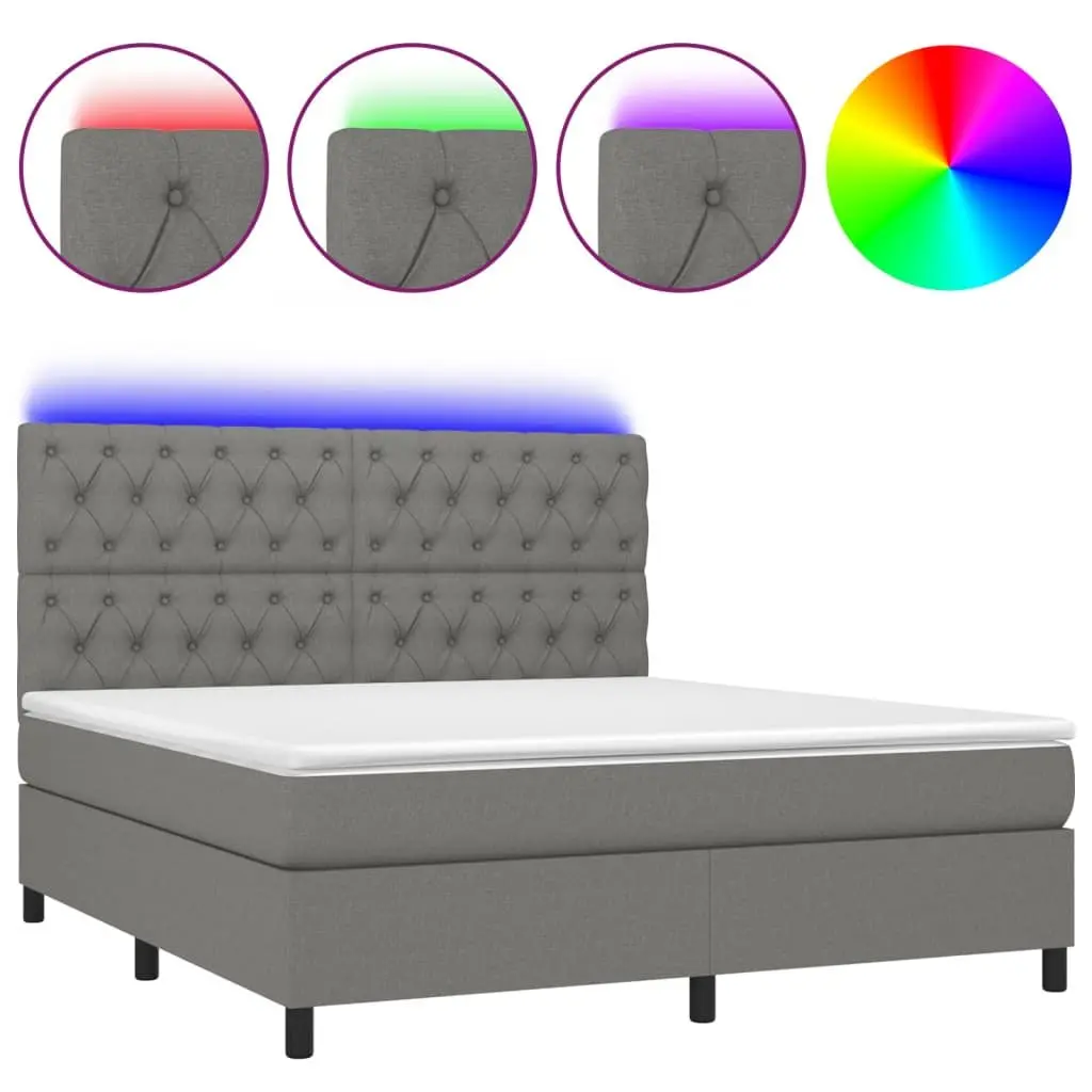 Grey Fabric Queen Box Spring Bed with LED Headboard