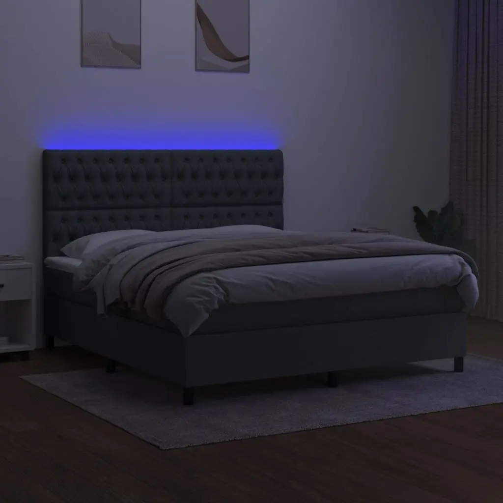 Grey Fabric Queen Box Spring Bed with LED Headboard