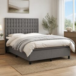 Grey Fabric Box Spring Bed with LED Headboard 137x187cm