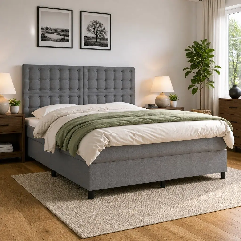 Queen Box Spring Bed with LED Headboard Grey 153x203cm