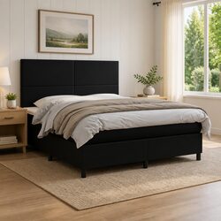 Queen Size Box Spring Bed with LED Headboard in Black Faux