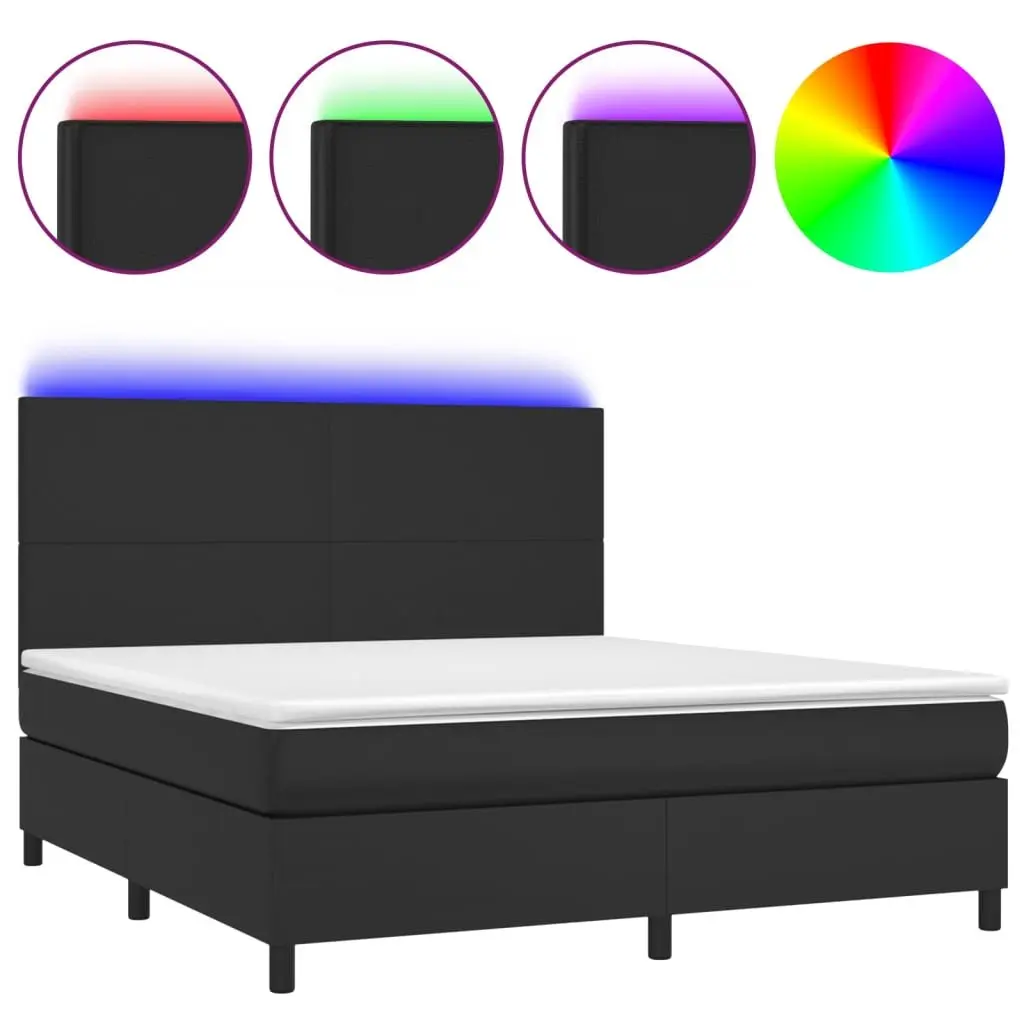 Box Spring Bed Faux Leather Queen Size Black with Pocket Spring Mattress and LED Headboard