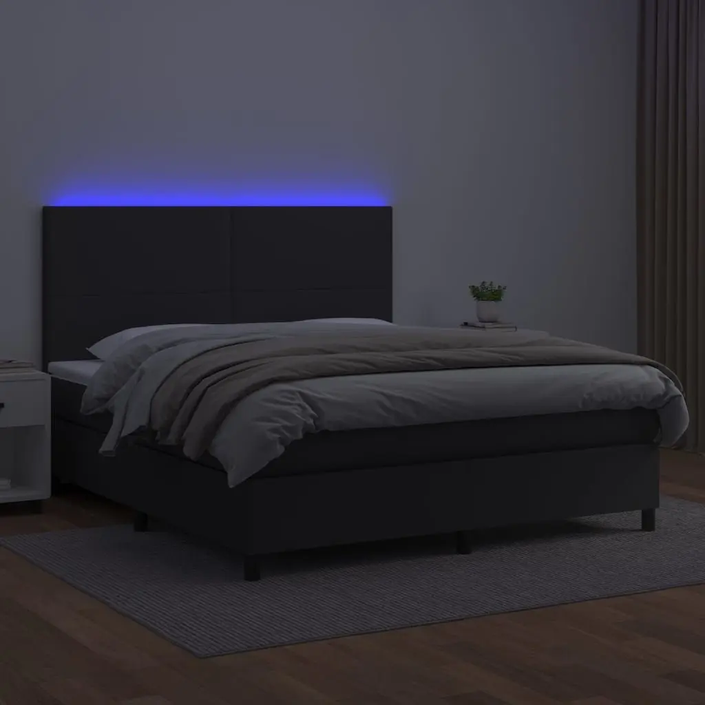 Box Spring Bed Faux Leather Queen Size Black with Pocket Spring Mattress and LED Headboard