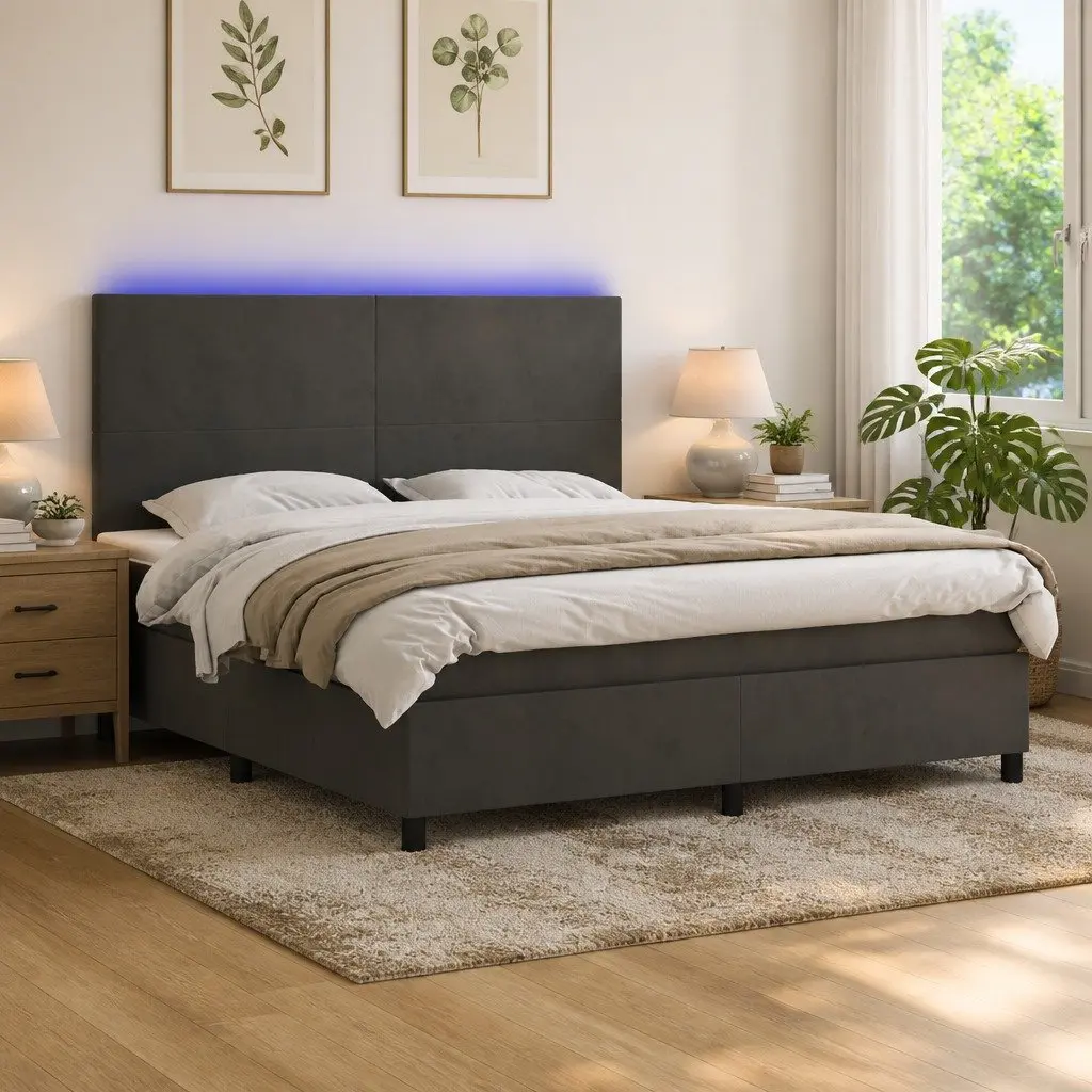 Queen Size Velvet Grey Box Spring Bed with LED Headboard