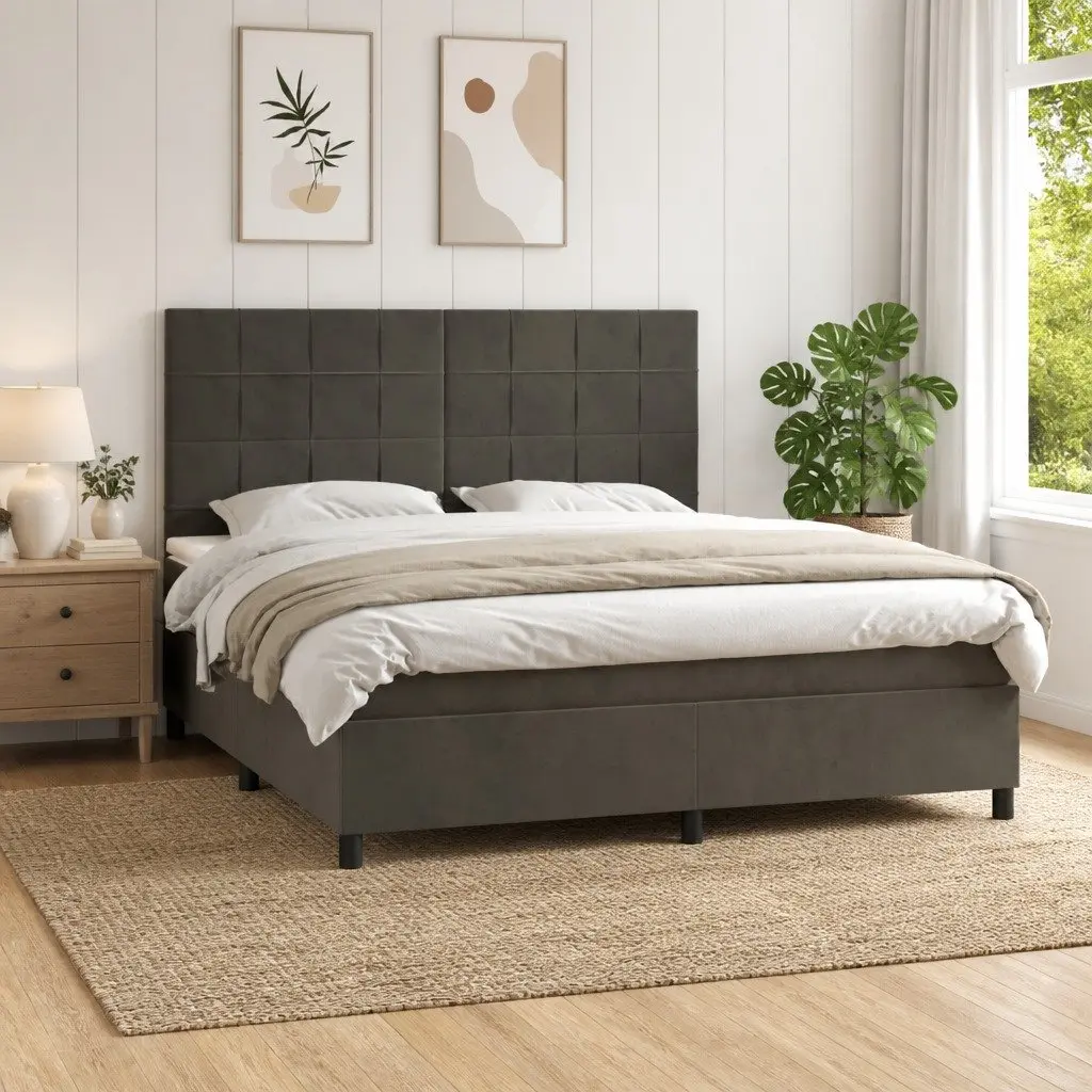 Box Spring Bed Velvet Queen Size Grey with Pocket Spring Mattress and LED Headboard