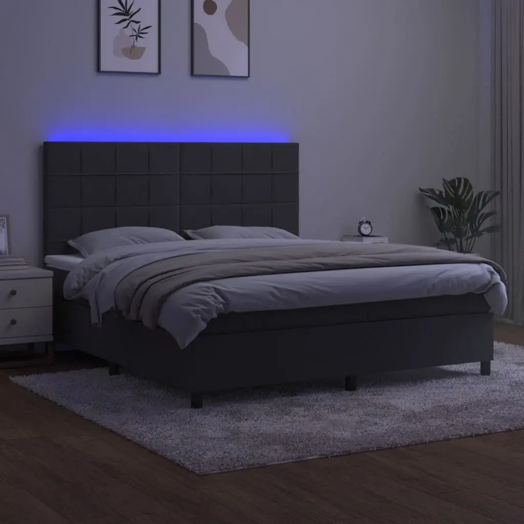 Box Spring Bed Velvet Queen Size Grey with Pocket Spring Mattress and LED Headboard