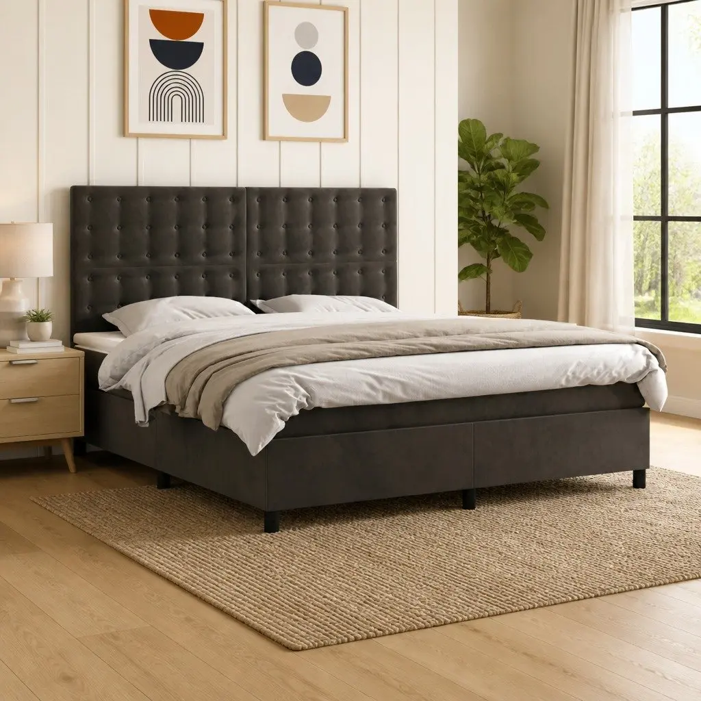 Queen Size Box Spring Bed with LED Lights in Grey Velvet