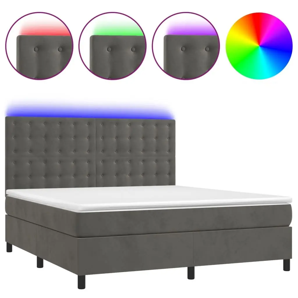 Queen Size Box Spring Bed with LED Lights in Grey Velvet