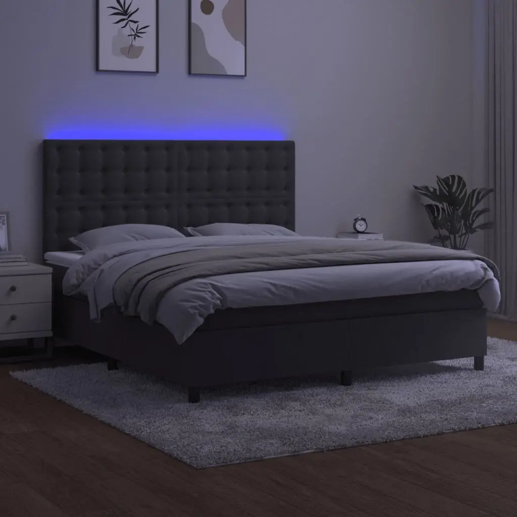 Queen Size Box Spring Bed with LED Lights in Grey Velvet