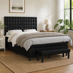 Double Box Spring Bed with Pocket Spring Mattress Black Faux Leather 137x187cm