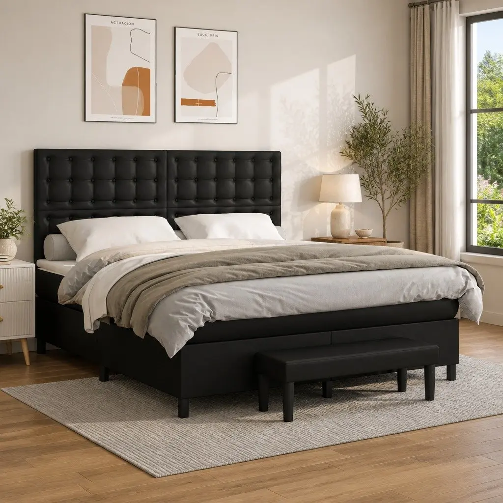 Queen Size Box Spring Bed with Pocket Spring Mattress Faux Leather Headboard