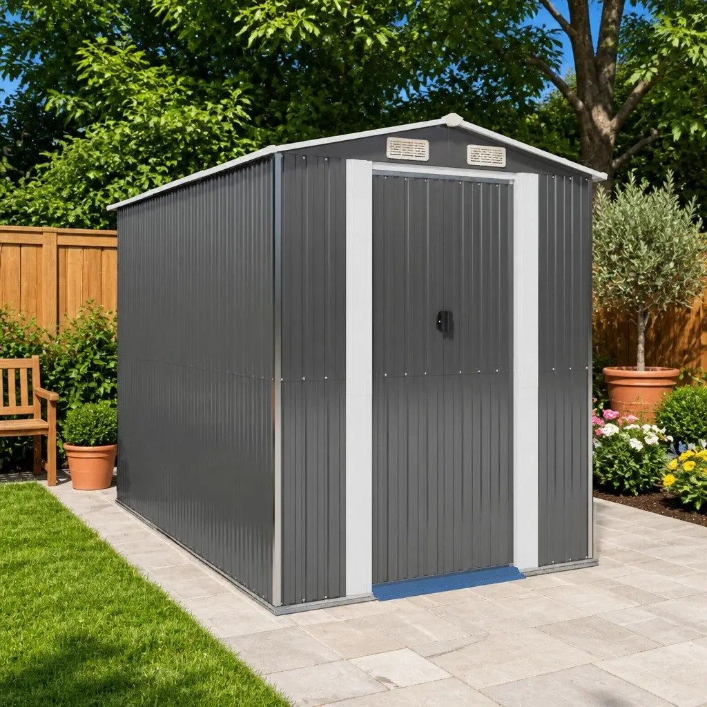 Garden Shed Galvanised Steel Light Grey 192 x 274 x 223 cm Outdoor Storage Tool Equipment House