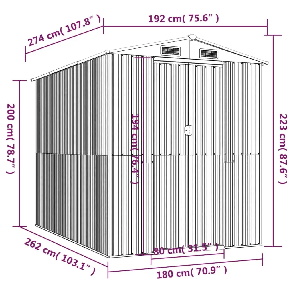 Garden Shed Galvanised Steel Light Grey 192 x 274 x 223 cm Outdoor Storage Tool Equipment House