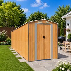 Light Brown Galvanised Steel Garden Shed with Double Doors