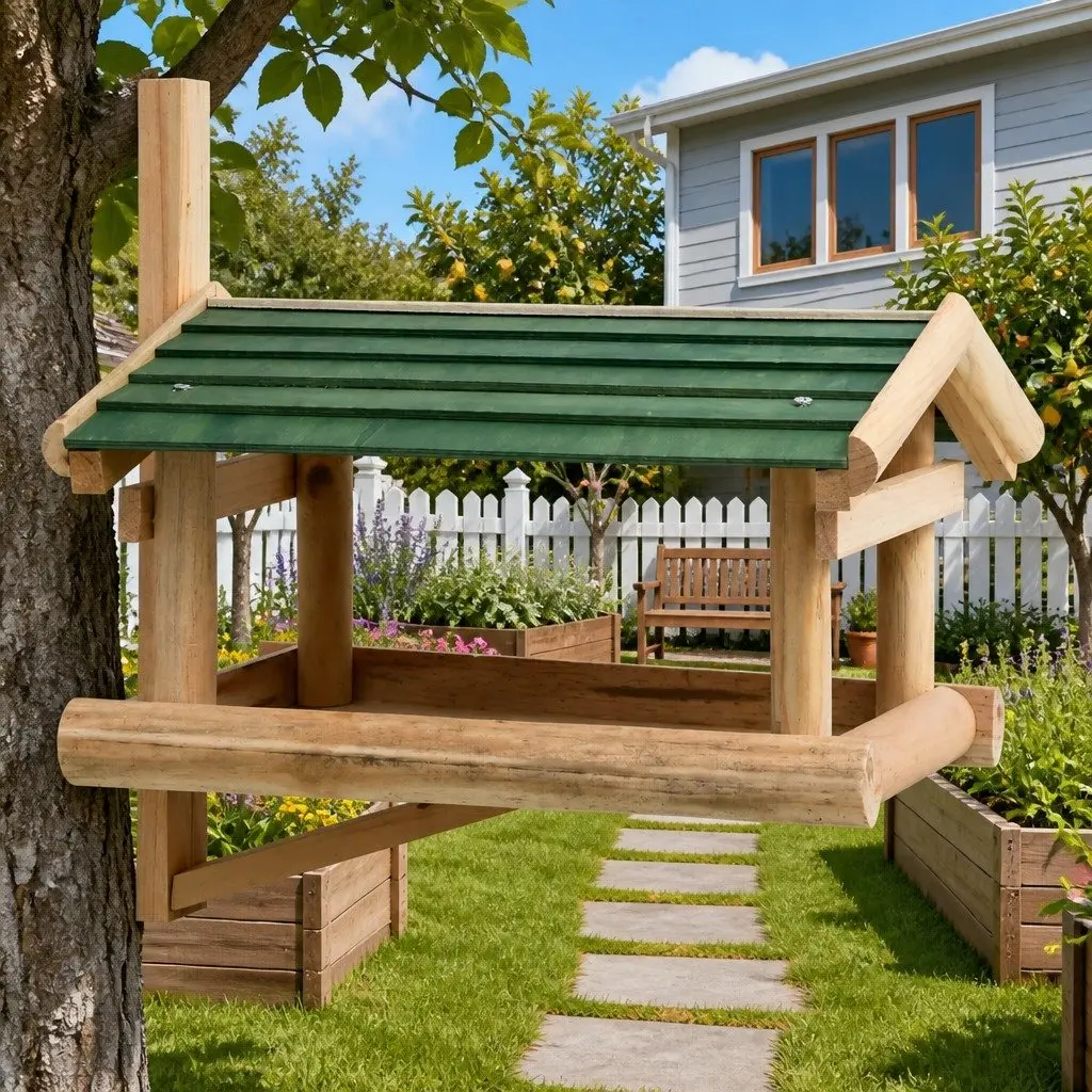 Solid Wood Wall-Mounted Bird Feeder for Outdoors