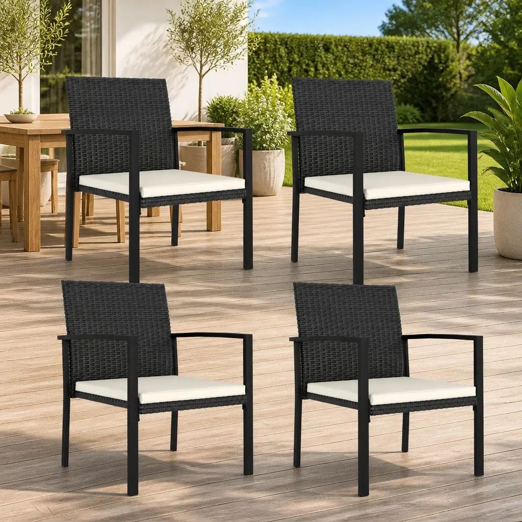 Outdoor Dining Chairs Poly Rattan Set 4 Pcs Steel Frame Black