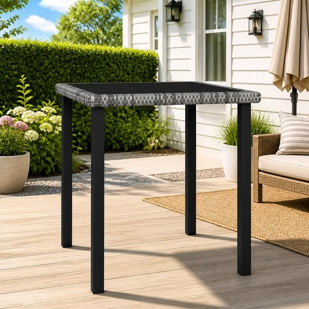 Garden Dining Table PE Rattan Steel 70 x 70 x 73 cm Grey Tempered Glass Top