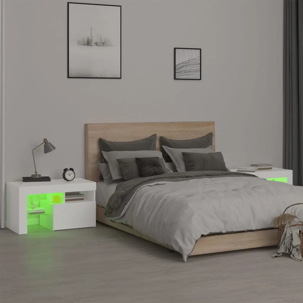 White Bedside Cabinets Set with RGB LED Lighting