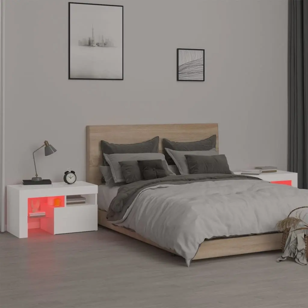 White Bedside Cabinets Set with RGB LED Lighting