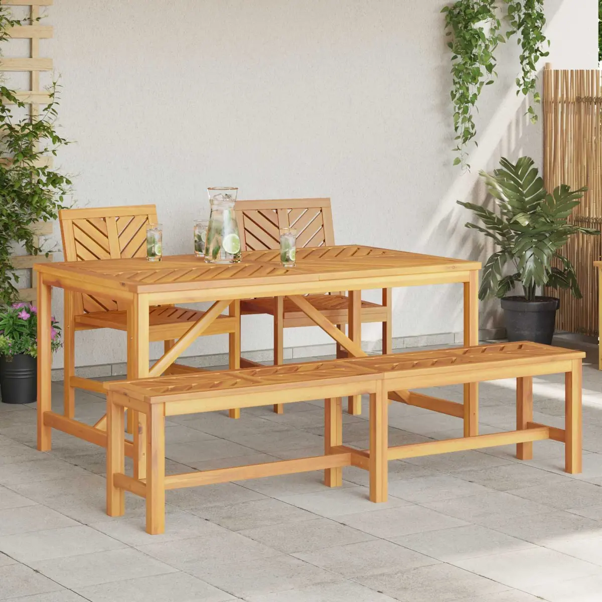 Garden Dining Set Acacia Wood 4 Piece Brown Outdoor Table Chairs
