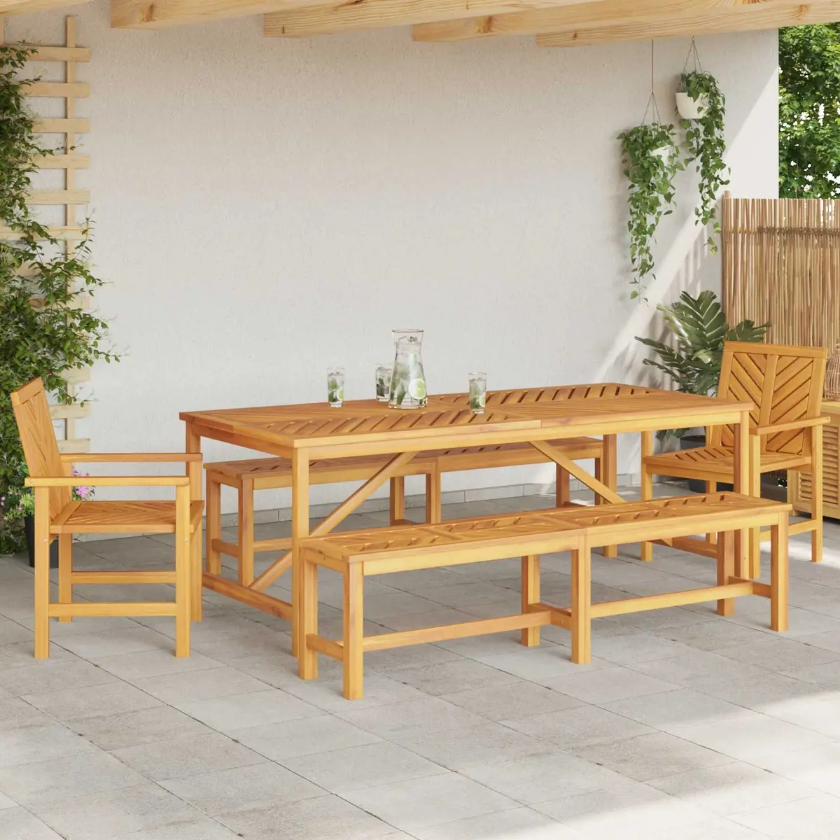 Garden Dining Set Solid Acacia Wood 5 Pieces Brown Outdoor Table Chairs