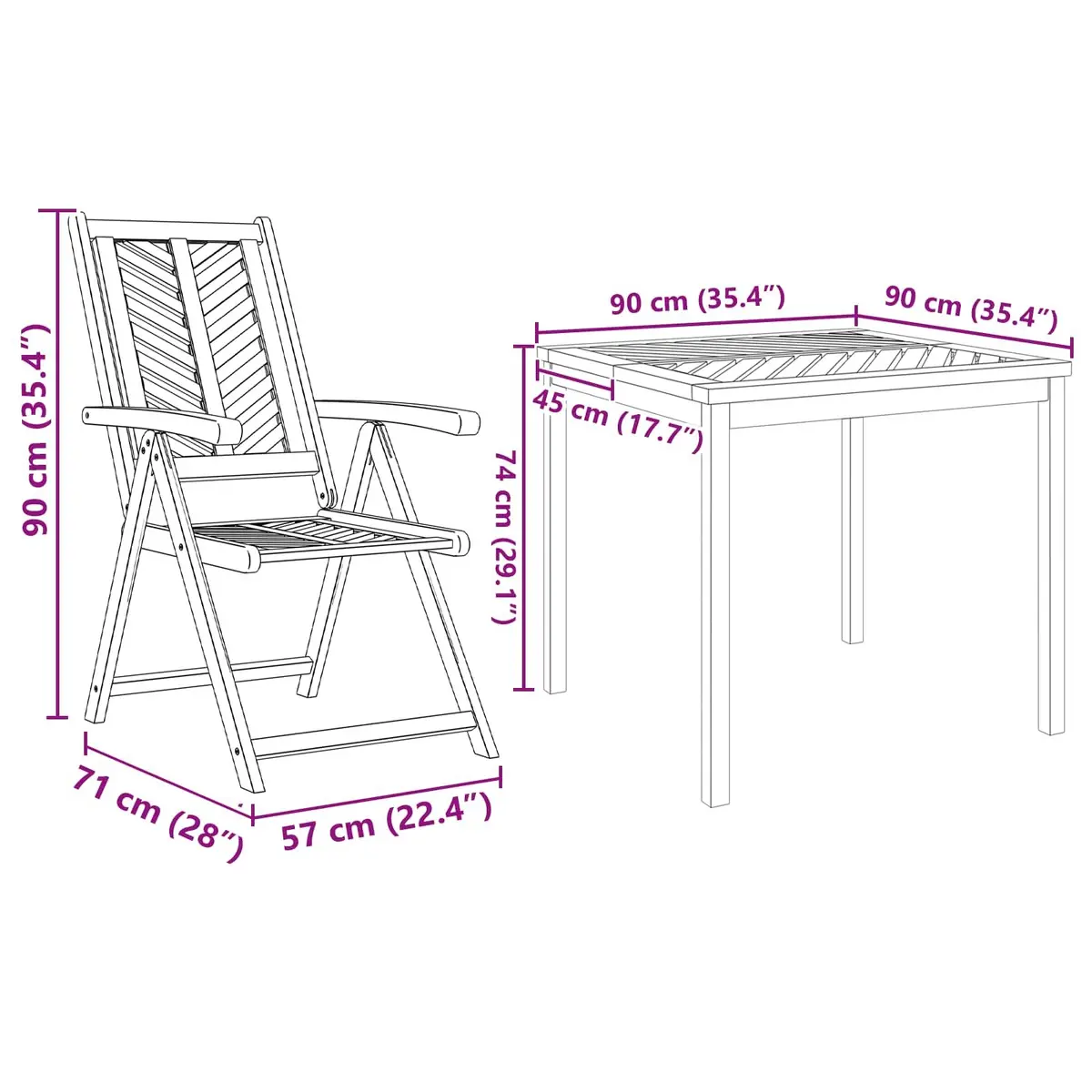 3-Piece Garden Dining Set in Solid Acacia Wood