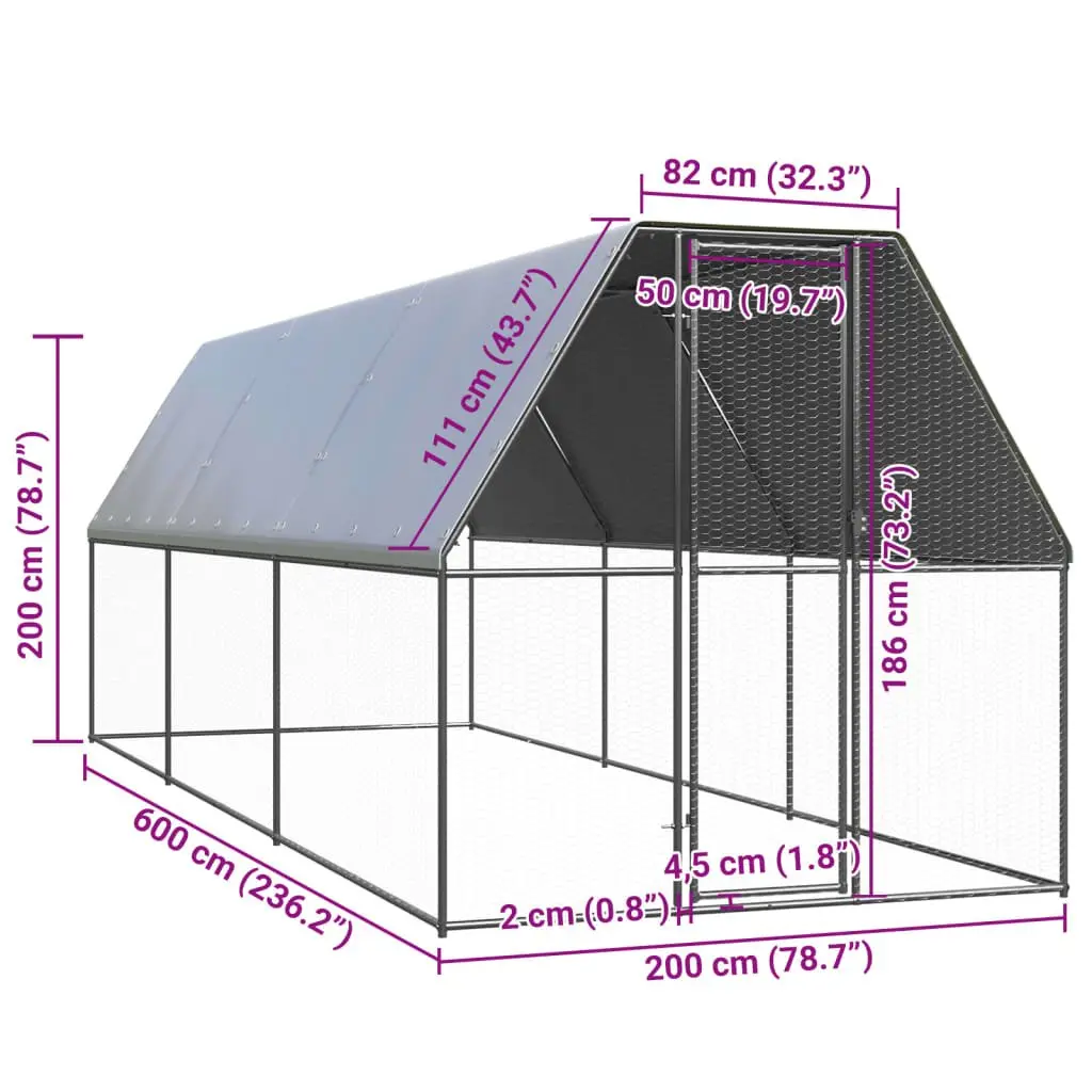 Outdoor Chicken Cage Galvanised Steel 2x6x2m Silver