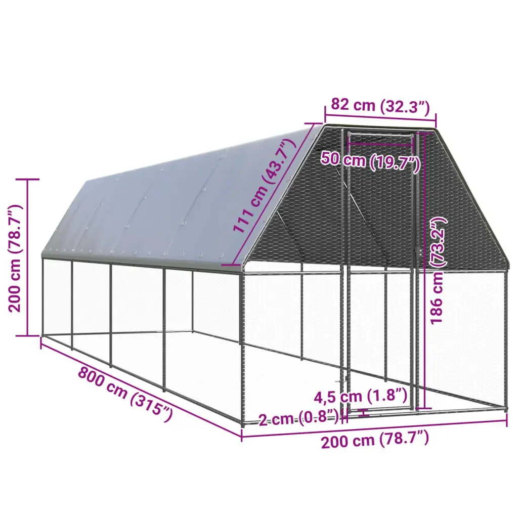 Outdoor Chicken Cage Galvanised Steel 2x8x2 m Silver