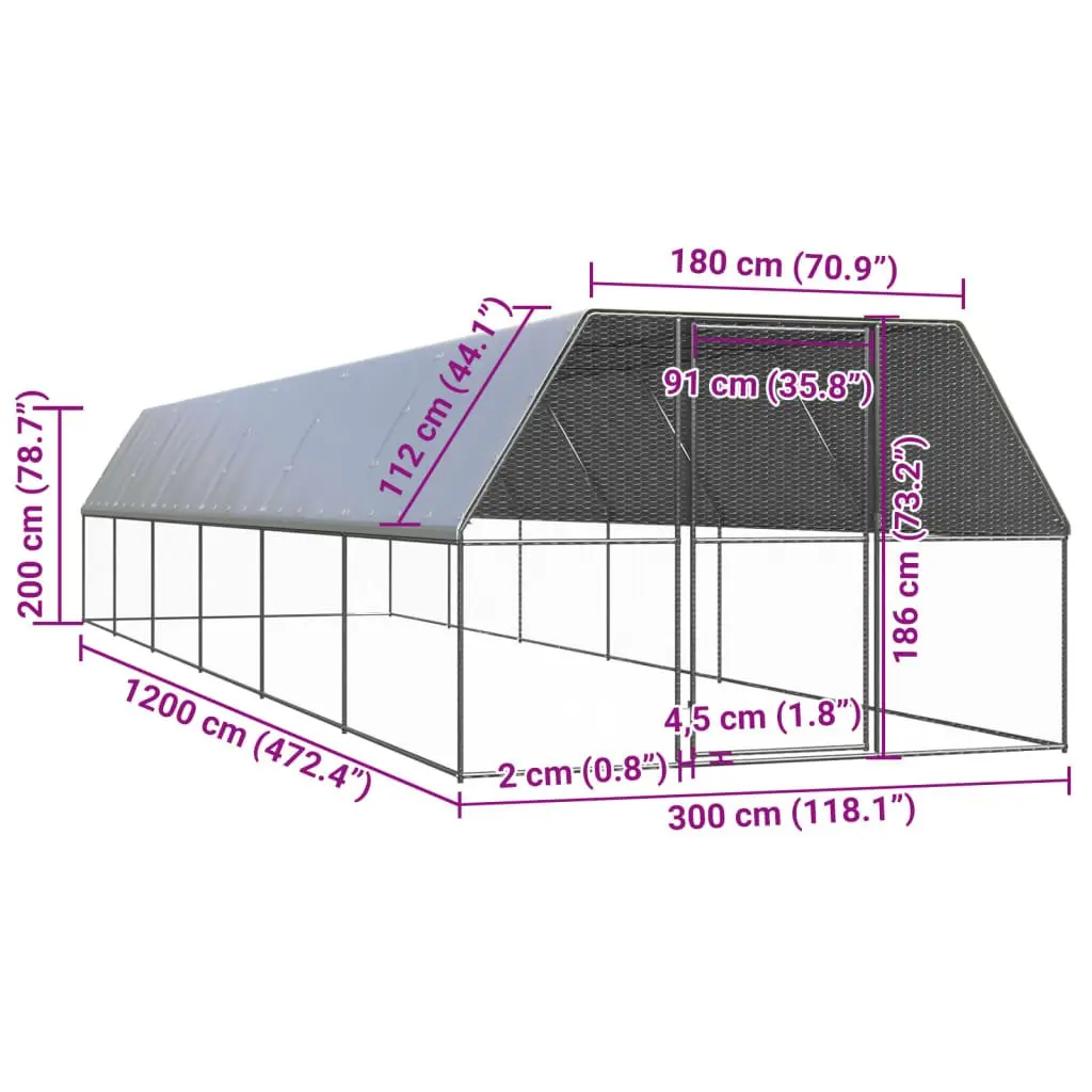 Outdoor Chicken Cage Galvanised Steel 3x12x2 m Silver