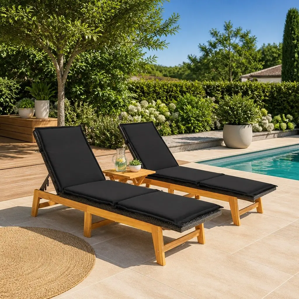 3 Piece Garden Lounge Set Acacia Wood PE Poly Rattan Black Outdoor