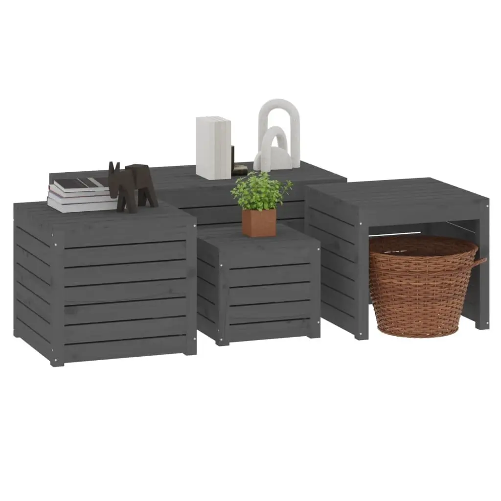 4-Piece Grey Pine Wood Garden Storage Box Set