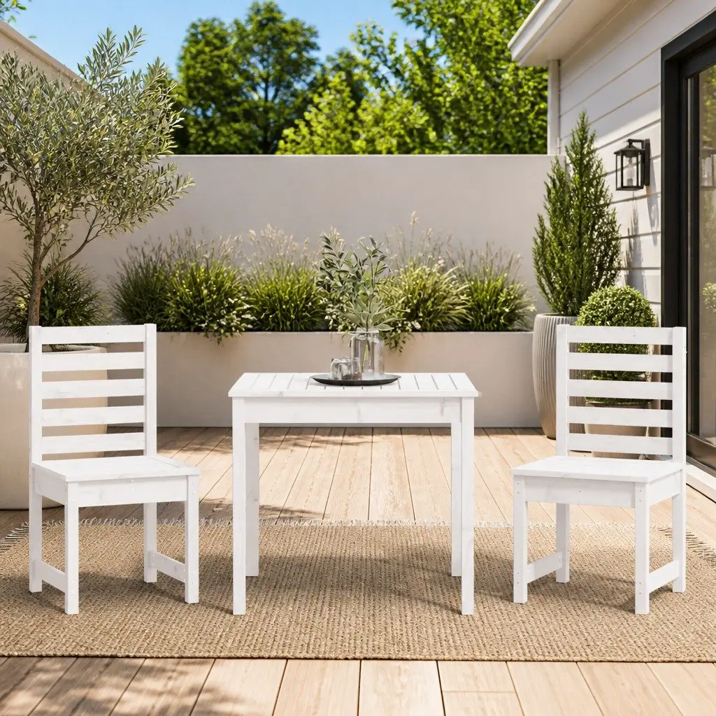 Bistro Set Solid Pine Wood 3 Piece White Table Chairs Outdoor Patio
