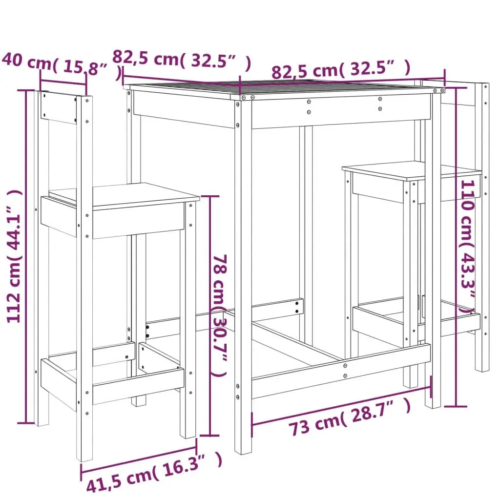 Solid Wood Pine 3 Piece Garden Bar Set for Patio