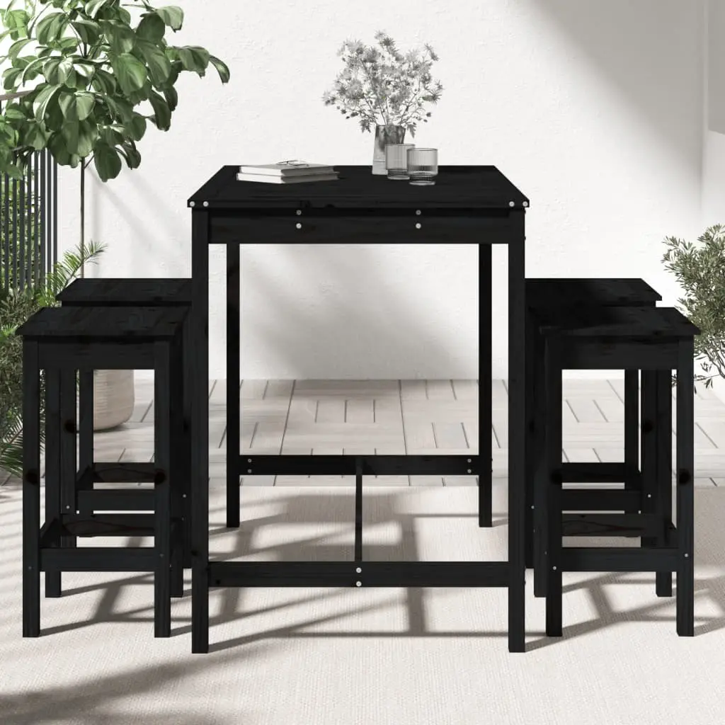 5 Piece Black Solid Pine Wood Garden Bar Set