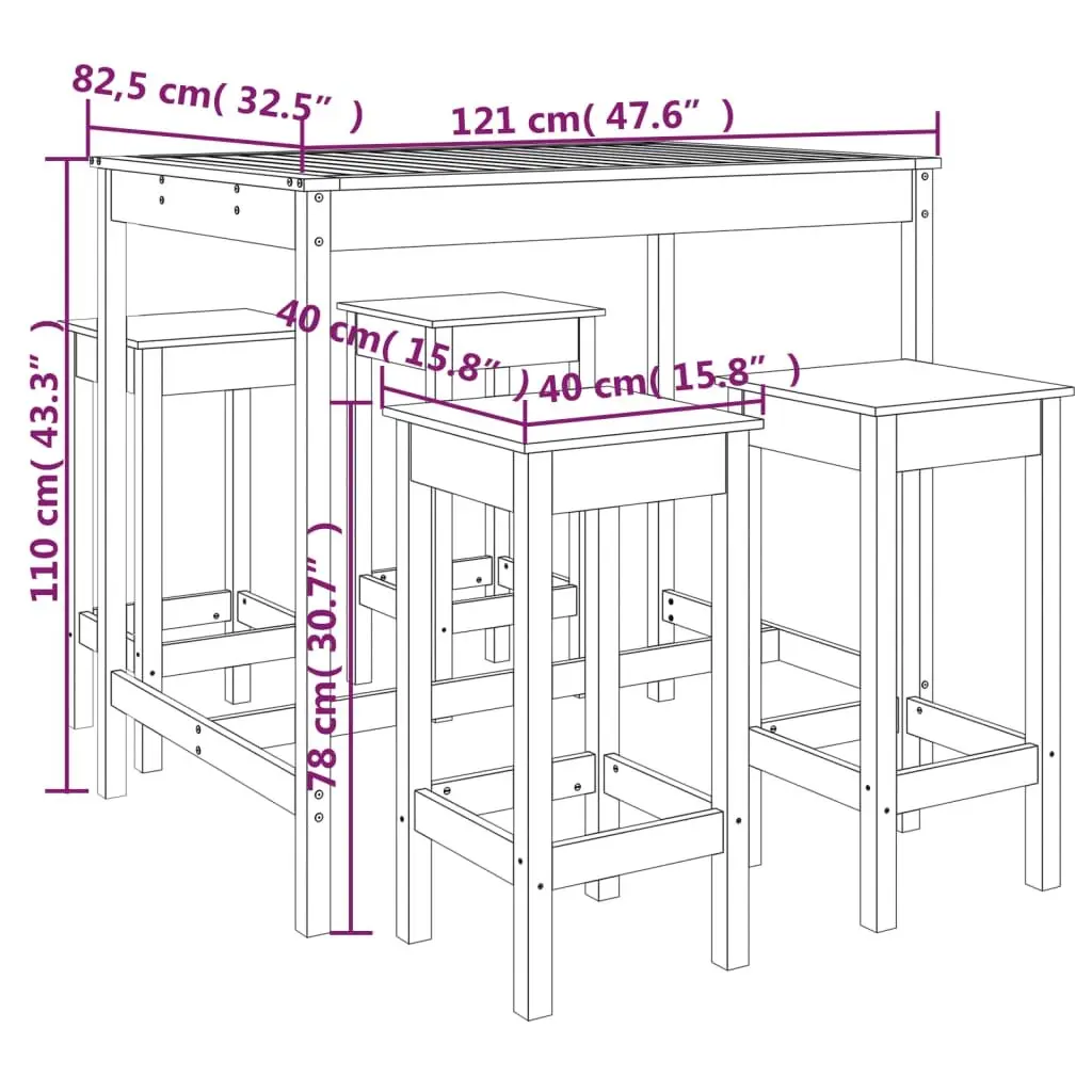 5 Piece Black Solid Pine Wood Garden Bar Set
