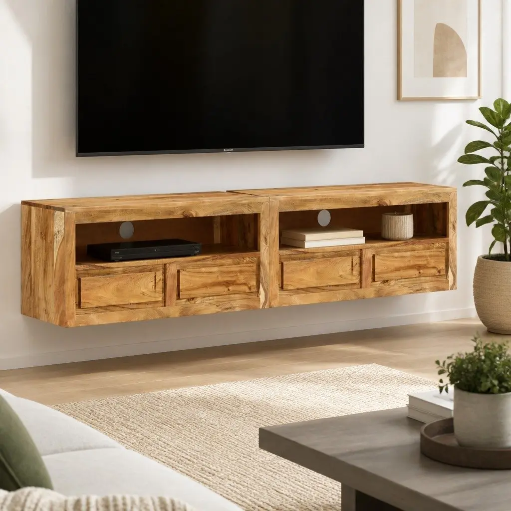 Solid Wood Acacia TV Cabinet with Storage Drawers