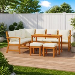 7 Piece Outdoor Dining Set with Solid Acacia Wood