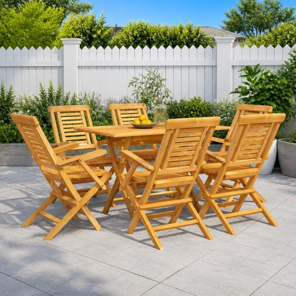 7 Piece Garden Dining Set Solid Teak Wood Brown Outdoor Furniture Table Chairs