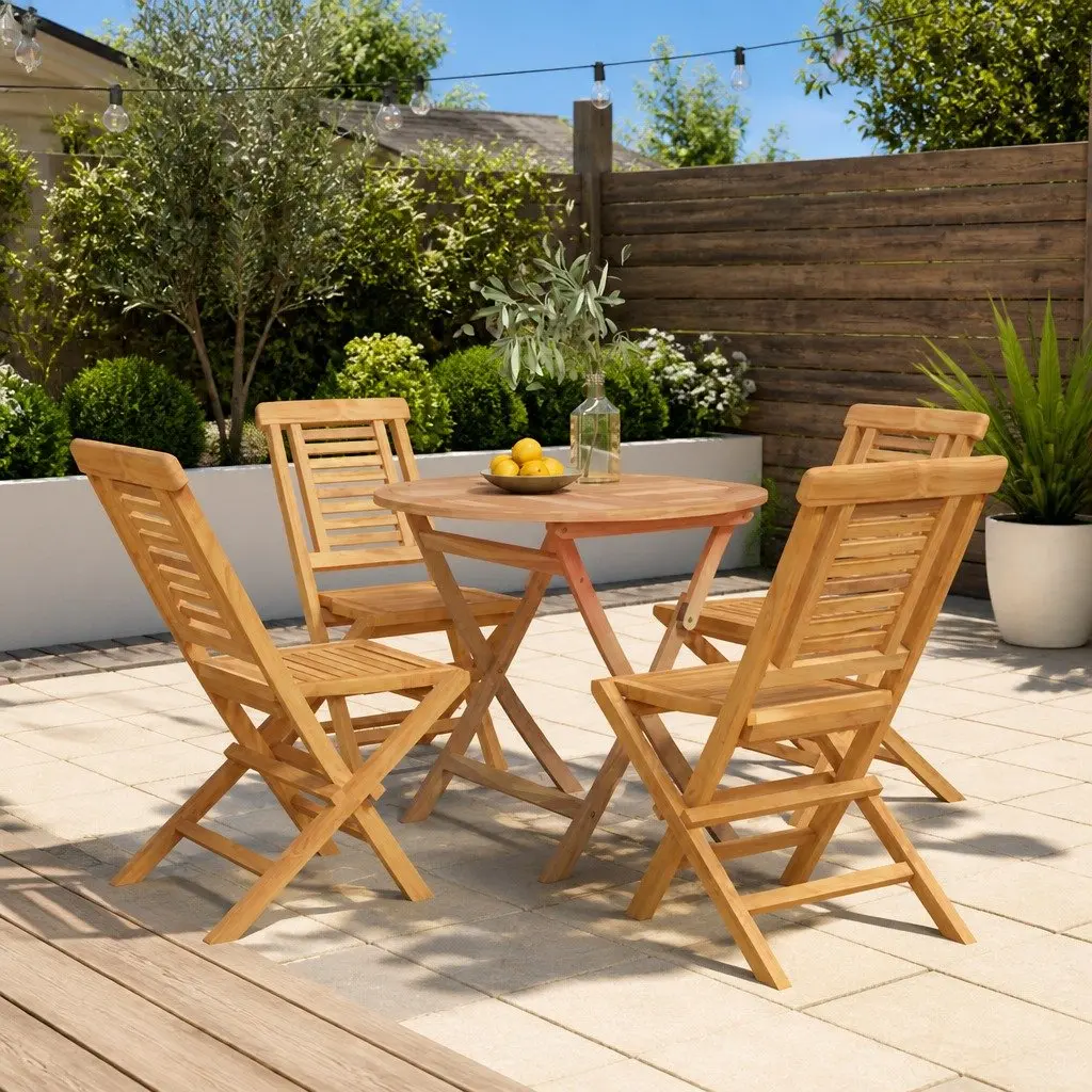 Teak Wood Foldable Outdoor Dining Set 5 Piece Brown Table and Chairs