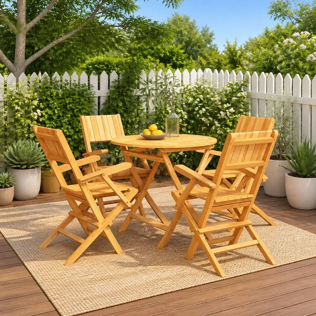 Teak Wood Outdoor Dining Set with Foldable Chairs