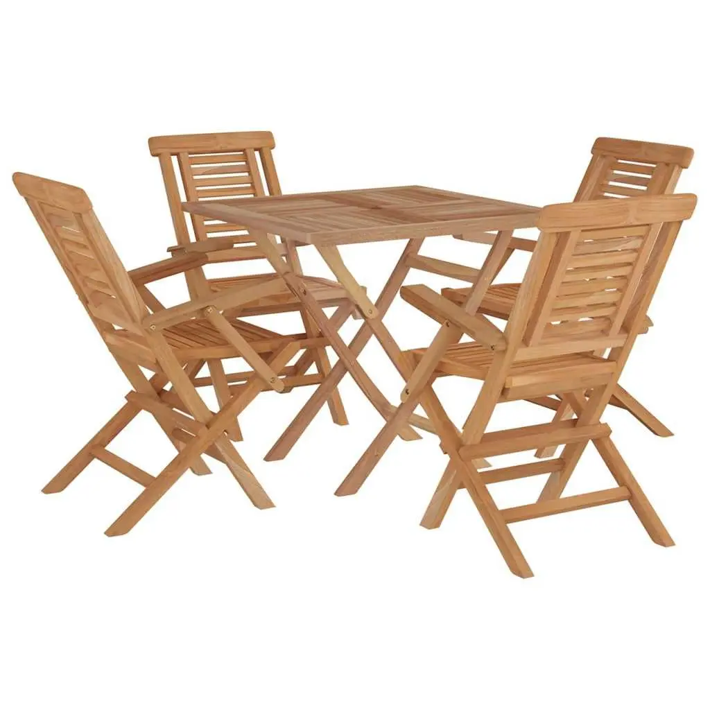 Garden Dining Set Solid Teak Wood 5 Piece Brown Outdoor Furniture Table Chairs Foldable Backrest
