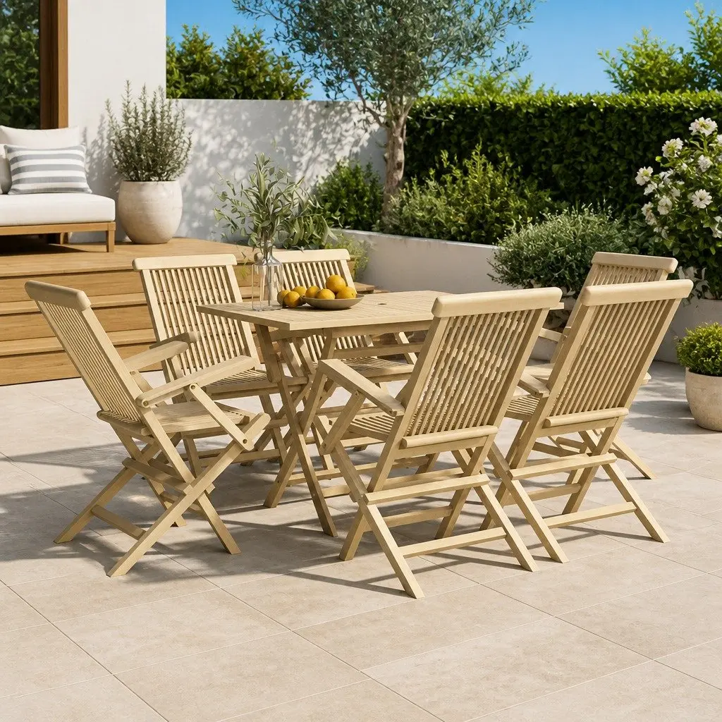 7 Piece Outdoor Dining Set Solid Teak Wood Grey Table Chairs