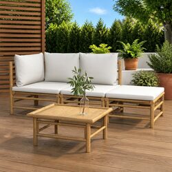 Elegant 4 Piece Bamboo Lounge Set with Grey Cushions