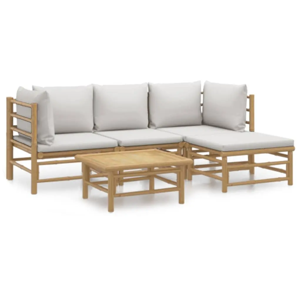 Bamboo Lounge Set 5 Piece Outdoor Furniture Patio Sofa Light Grey Cushions
