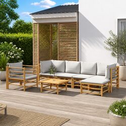 Sturdy 7 Piece Bamboo Garden Lounge Set with Grey Cushions