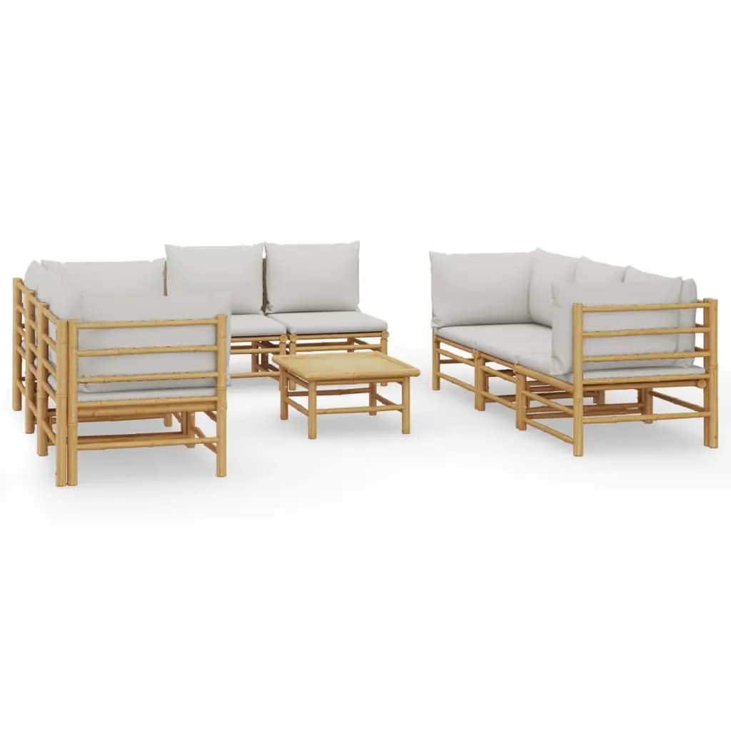 9 Piece Bamboo Lounge Set with Light Grey Cushions