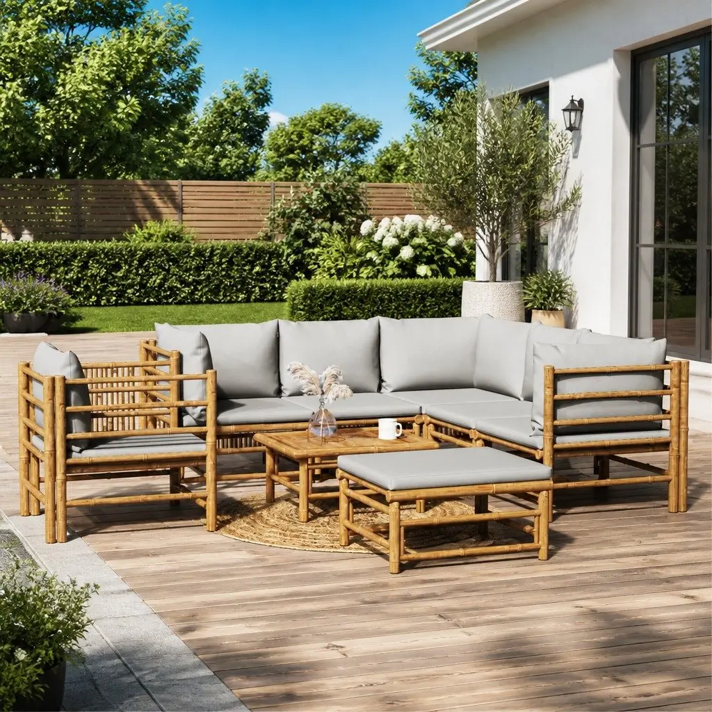 Garden Lounge Set Bamboo 8 Piece Modular Outdoor Furniture with Cushions Brown