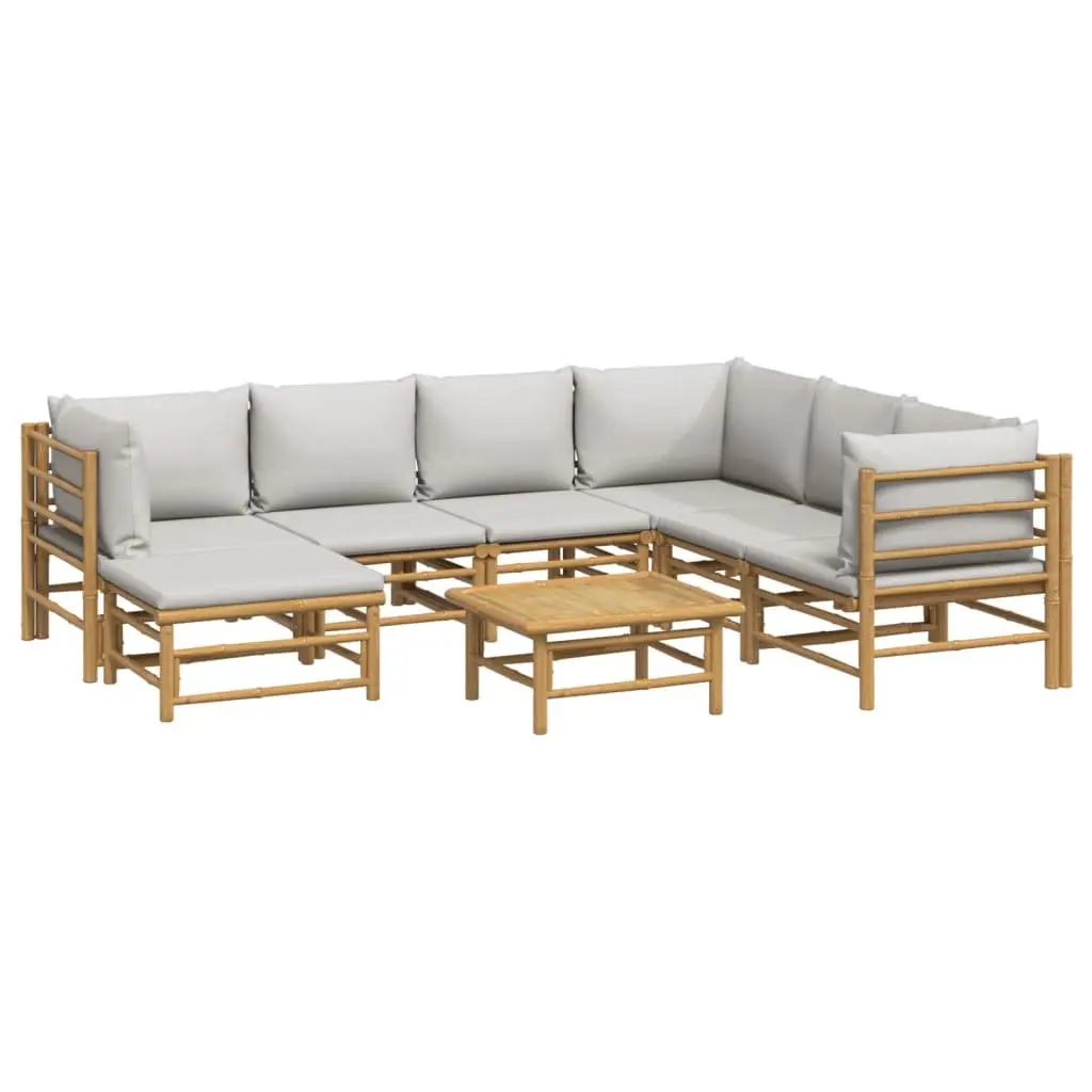 Garden Lounge Set Bamboo 8 Piece Modular Outdoor Furniture Brown with Light Grey Cushions